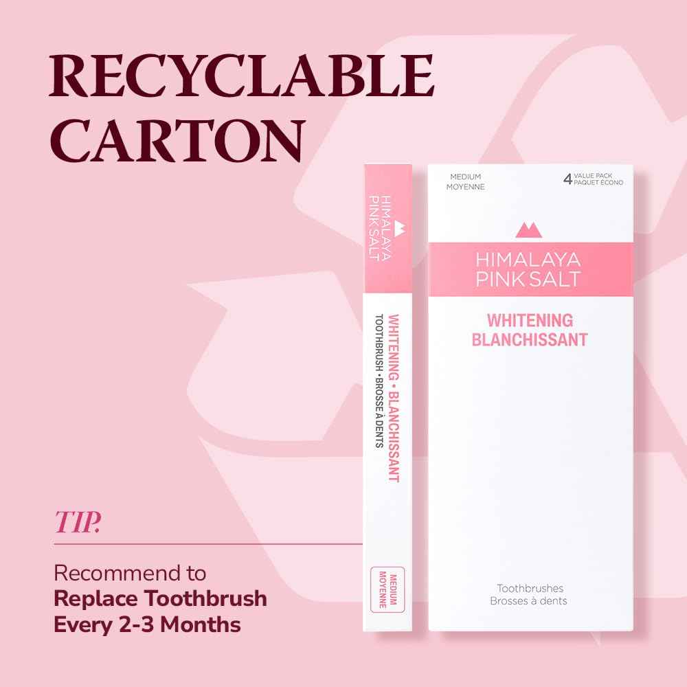 HIMALAYA PINKSALT Natural Toothbrush 4 Count - Medium Toothbrushes for Adults, Plaque Remover for Teeth, Tapered Bristles Gentle on Teeth and Gum, Deep Clean Toothbrush