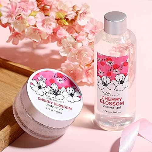 Bath and Body Gift Set for Women - Cherry Blossom Scent with Double-Layer Spa Gift Box, 5 Piece Home Spa Set Includes Shower Gel, Body Scrub, Body Lotion, Hand Soap, Rose Flower, Bath Set Gift for Her