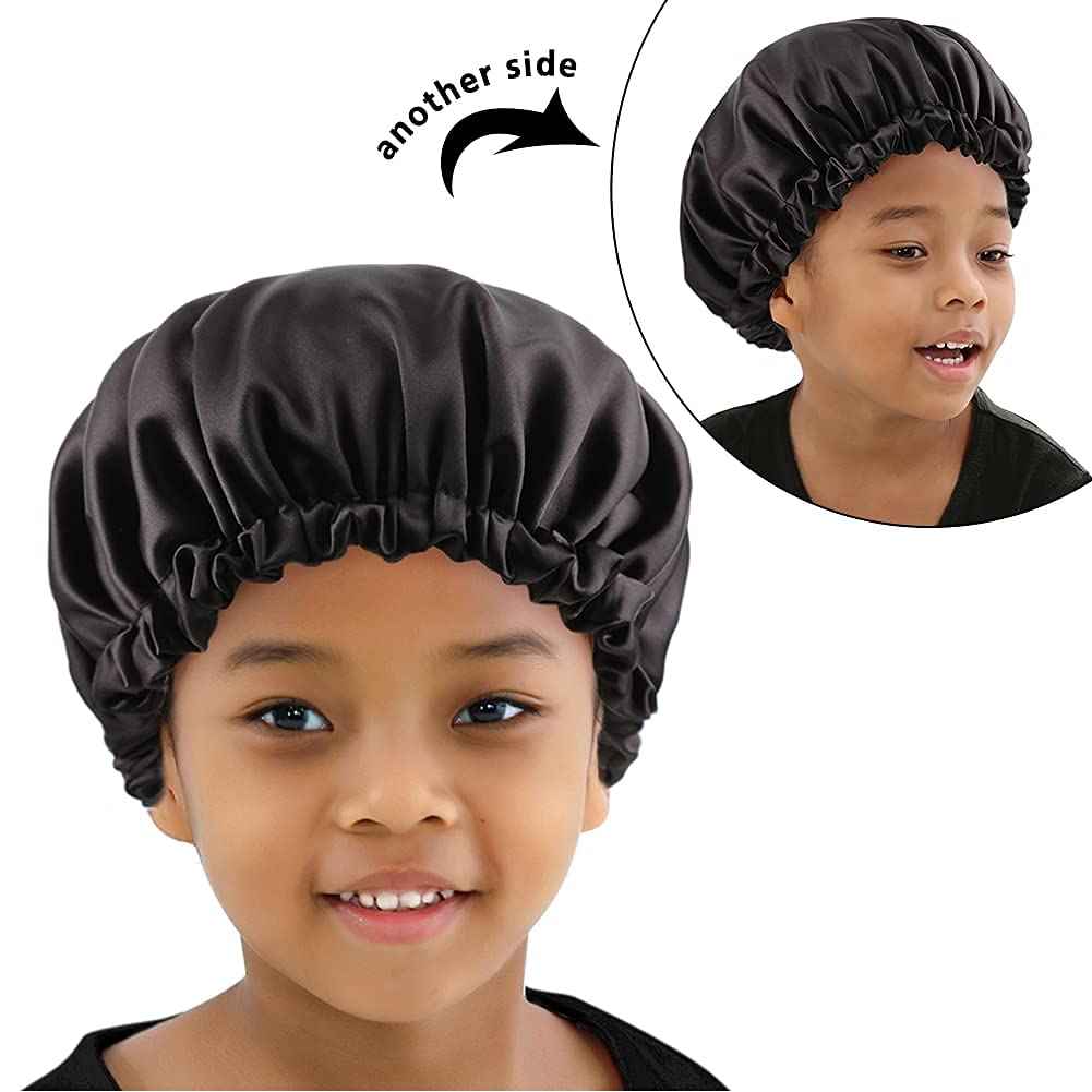 ELIHAIR 2pc Kids Satin Bonnet Sleeping Cap for Natural Hair Teens Toddler Child Baby Adjustable Satin Cap for Night Sleeping Reversible Double Layer(Black+ Pink/Purple)