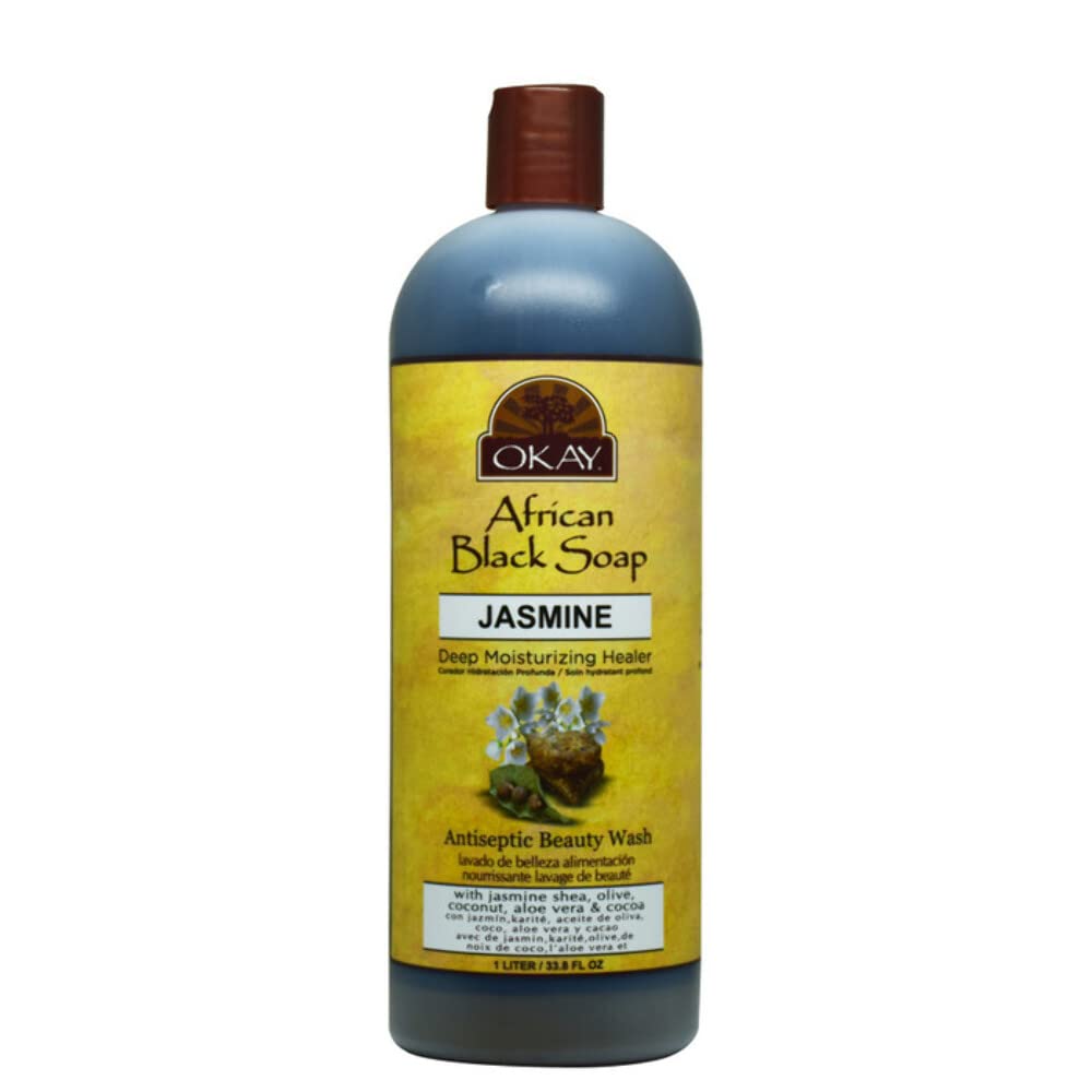 OKAY African Black Soap Liquid with Jasmine For Cleansing&Treating Skin Conditions Helps Achieve Beautiful,Healthier Looking Skin Sulfate,Silicone,Paraben Free For All Skin Types Made in USA 33oz