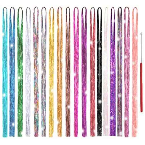 Hair Tinsel Kit 18 Colors, 3600 Strands 48 Inches Fairy Hair, Sparkling Hair Tensile for Christmas New Year Halloween Cosplay Party, Tinsel Hair Extensions with Tool