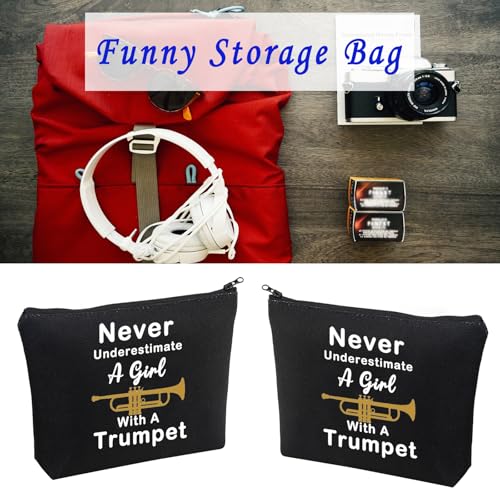 LELVO Funny Trumpet Gift Never Underestimate A Girl With A Trumpet Makeup Bags Trumpet Lovers Zipper Pouch (Girl With A Trumpet+black)
