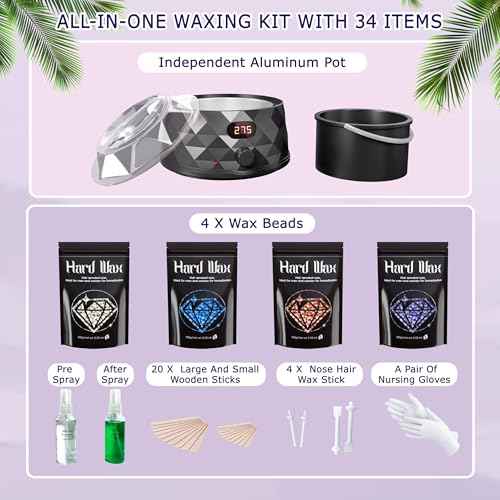 Waxing Kit for Women, Wax Warmer, Wax Kit with 4 Packs Hard Wax Beads and Accessories, for Full Body, Legs, Face, Eyebrows, Bikini, Brazilian at Home Waxing Kit for Women Men