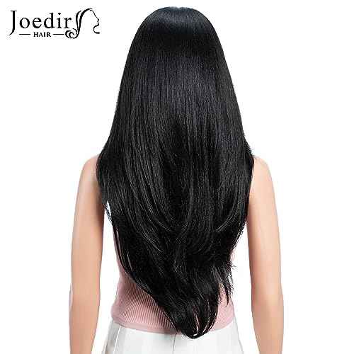 Synthetic Lace Front Wig for Women Long Layered Hair Wig with Curtain Bangs 24 inch Long Straight Black Hair Wig for Daily Party Cosplay (Color:1B)