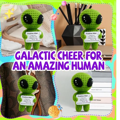 Christmas Stocking Stuffers for Adults - Funny Positive Alien Crochet Plush with Uplifting Message Card - Small Encouragement Gift for Women, Men,Teens, Friends, Ideal for Birthday, Graduation