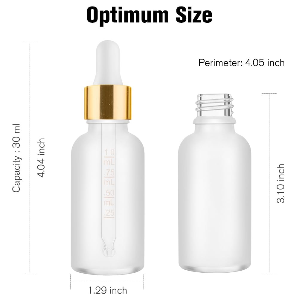 PrettyCare 1oz Glass Dropper Bottle Set of 24, Thick Rose Frosted Glass Bottles Empty with Leakproof Caps, Labels, Funnels - 30ml Eye Dropper Bottles for Storage, Travel, Essential Oils, Tincture