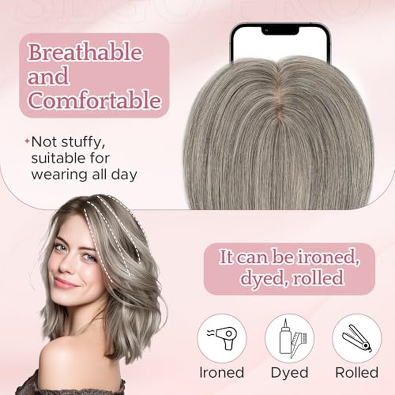 Hair Toppers for Women Real Human Hair with No Bangs 3.1¡¿3.9 Inch Silk Base Clip-In Topper Natural Looking Hairpieces for Women£¨12 Inch,Light Grey£©