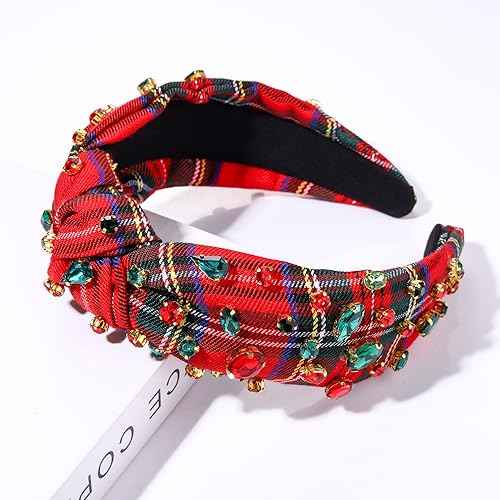 boderier Christmas Headbands for Women Red Plaid Headband Jeweled Crystal Wide Knotted Headband Xmas Holiday Hair Accessories Gifts (Red Plaid)