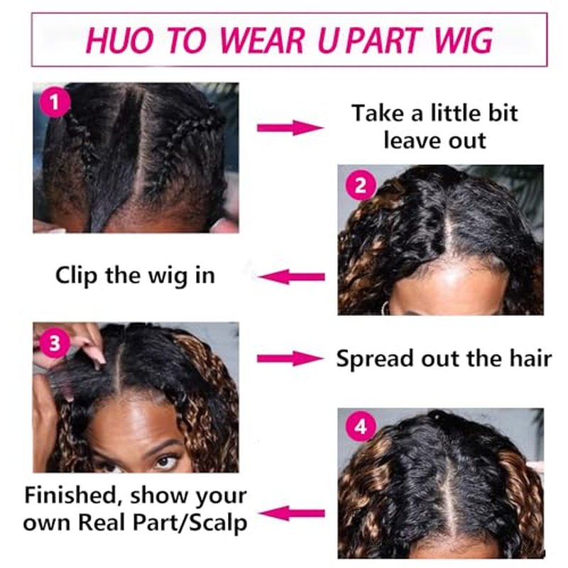 Lucasar FB30 Deep Wave U Part Human Hair Wigs for Black Women 180% Density Glueless U Shape Half Wig 180% Density Wig No Leave Out Lace Glueless Deep Curly Upgrade U Part Wigs (24 inch, FB30)