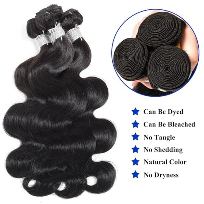 Body Wave Bundles Human Hair 20 22 24 Inch 3 Bundles Natural Color Brazilian Virgin Hair Weave 12A 100% Unprocessed Real Human Hair Extensions For Women