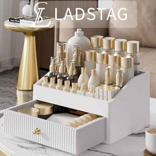 Makeup Organizer,Leather Skin Organizer with 1 Drawer&Tray,Luxury Beige White Makeup Storage for Perfume,Bedroom,Bathroom,Gifts for Women,Womens Gifts (White, 1-Drawer)