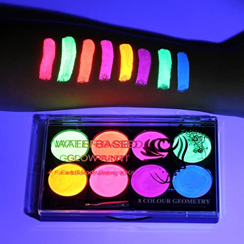 MEICOLY Neon Face Paint,UV Blacklight Glow Face Paint,8 Bright Colors Neon Fluorescent Rave Body Paint Palette,Water Activated Eyeliner,Water Based Glow In The Dark Halloween Washable for Kids Adults