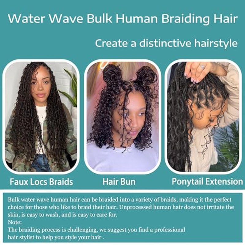 Human Braiding Hair 3 Bundles/Pack 150g Curly Water Wave Human Bulk Hair for Braiding No Weft 10A Brazilian Virgin braiding Hair for Boho Braids Wet and Wavy Braids Extensions (22 22 22inch)