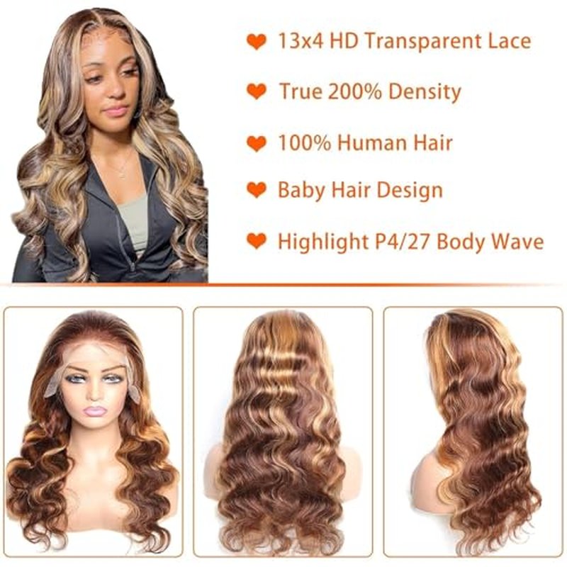 Body Wave Highlight Ombre Lace Front Wig Human Hair Pre Plucked 13x4 HD Transparent 4/27 Colored Honey Blonde Lace Frontal Wigs with Baby Hair 200% Density Lace Front Wigs For Women (24 Inch)