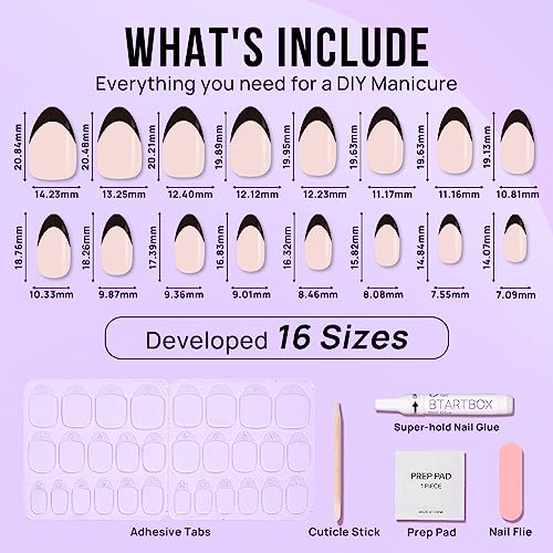 BTArtbox French Tip Press On Nails Almond - Black Press on Nails Short, Glue On Nails for Women Gift, Supremely Fit Natural Reusable Stick On Nails in 16 Sizes - 32 Fake Nails Kit, Black French