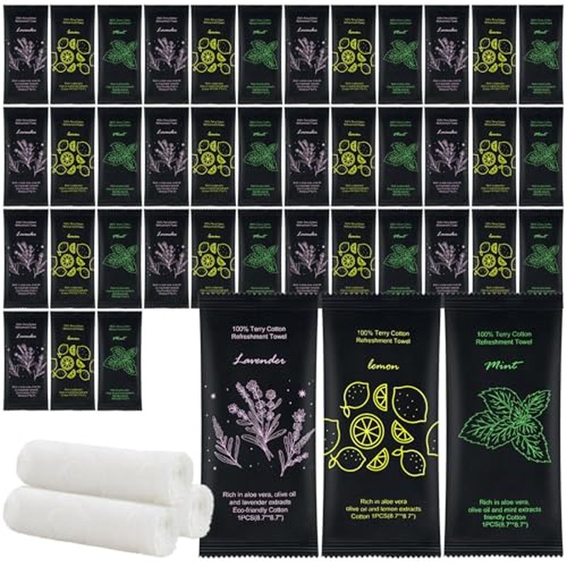 Moist Cotton Towel Bulk Moist Towelettes Individually Wrapped 8.7" x 8.7",White Towel Services,Refreshment Pre Moistened Towels Lavender,Lemon and Mint for Sport Party Spa(Pack of 300)