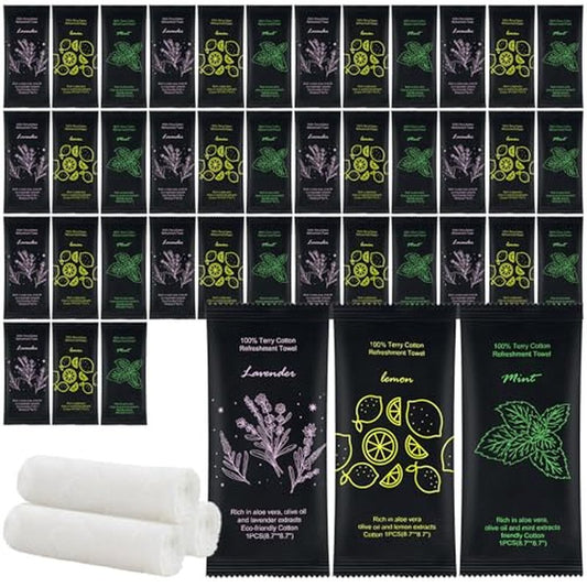Moist Cotton Towel Bulk Moist Towelettes Individually Wrapped 8.7" x 8.7",White Towel Services,Refreshment Pre Moistened Towels Lavender,Lemon and Mint for Sport Party Spa(Pack of 300)