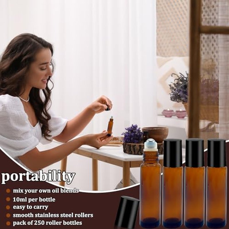 250 Pcs Essential Oil Roller Bottles 10ml Empty Glass Roller Bottles with Stainless Steel Roller Balls Protection Leakproof with 5 Funnel for Travel, Roller Balls For Essential Oils(Brown)