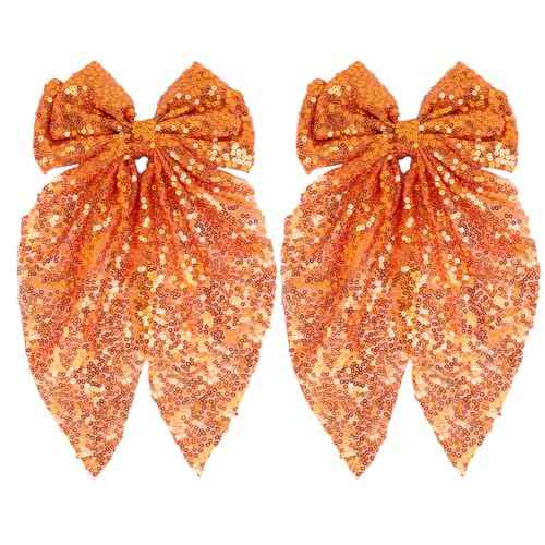 Sparkly Sequin Hair Bows for Women, Halloween Orange Hair Bows with Long Tail Large Hair Barrettes Hair Clips Bling Hair Accessories for Halloween Fall Christmas Holiday Birthday Party