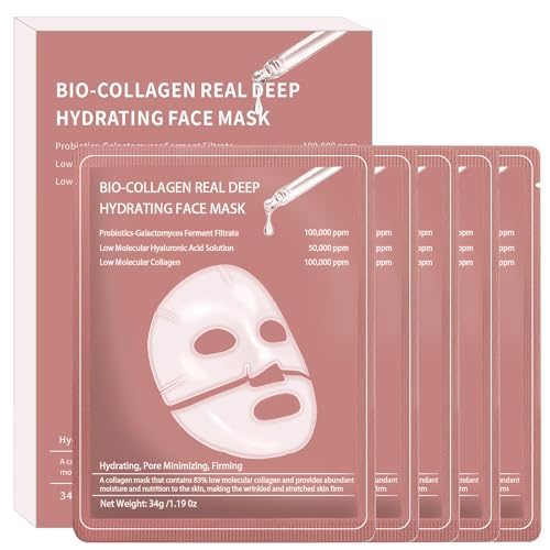 5PCS Bio-Collagen Face Mask, Collagen Mask Overnight, Hydrating Overnight Hydrogel Mask, Hydrating, Firming, Pore Minimizing, Elasticity Improvement, for All Skin Types, Christmas Gifts for Women