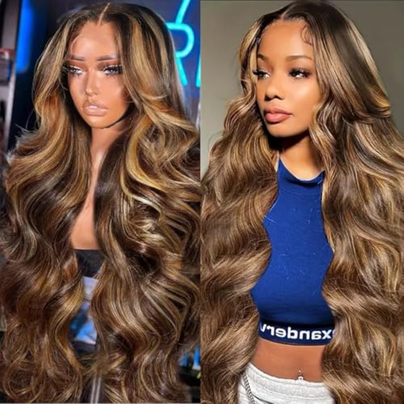 Honey Blonde Ombre Lace Front Wig Human Hair Highlight 13X6 Body Wave Lace Front Wigs Human Hair Pre Plucked 180 Density 4/27 Glueless HD Lace Frontal Wig for Women 24 Inch