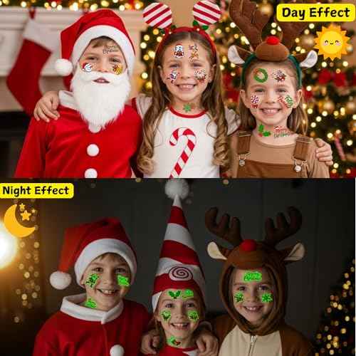 Glow In Dark Christmas Temporary Tattoos | Luminous Christmas Tattoos Xmas Decorations Party Favors Supplies Goodie Bags Stocking Stuffers Gift Idea For Kids Teen Adult Xmas Santa Claus Reindeer-60Pcs