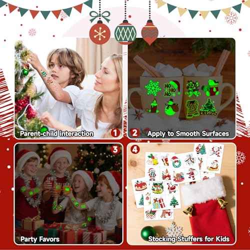 Christmas Tattoos for Kids Stocking Stuffers, 192 Styles Luminous Temporary Tattoo Stickers for Christmas Party Favors Decorations, Christmas Gifts for Kids Xmas Goodie Bag Fillers