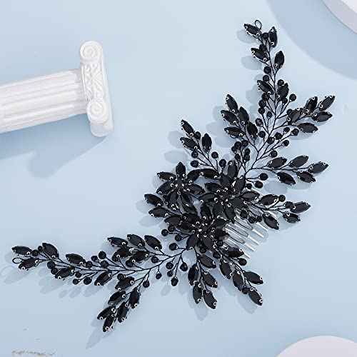 Teyglen Women Luxurious Bridal Hair Accessories - Dainty Large Crystal Pearl Flower Headband, Shiny Rhinestone Side Combs for Brides and Girls (Black)