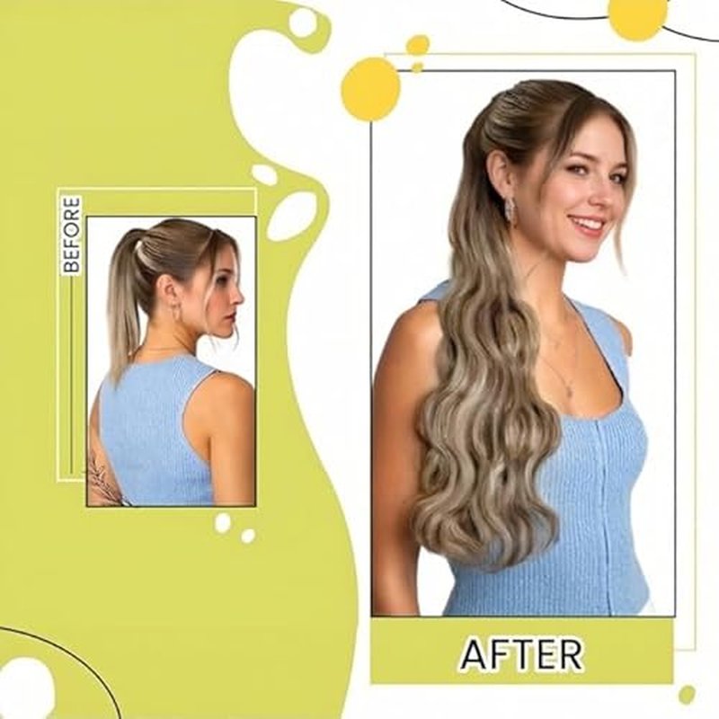 RUNATURE Human Hair Ponytail, Wrap Around Clip in Ponytail Extension Human Hair, Balayage Real Pony Tails Hair Extensions, 18 Inch 80g #3/8/22 Walnut Brown to Light Brown with Light Blonde
