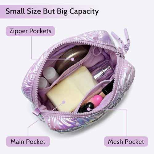 Quilted Cosmetic Bag, Puffer Makeup Bags, Crossbody Purses for women,Cute Travel Toiletry Bag for Women (Dazzling Light Purple)