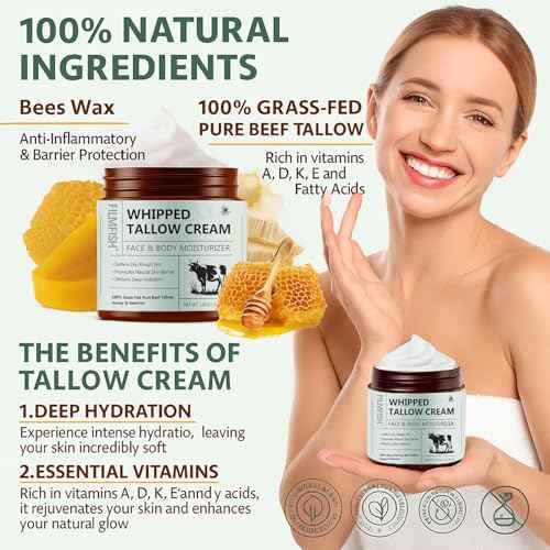 Grass-Fed Tallow Balm with Honey & Beeswax Deep Moisturizing Face & Body Cream Non-Comedogenic, Fragrance-Free For Dry Sensitive Skin Calms Redness 4.2 oz 2PCS