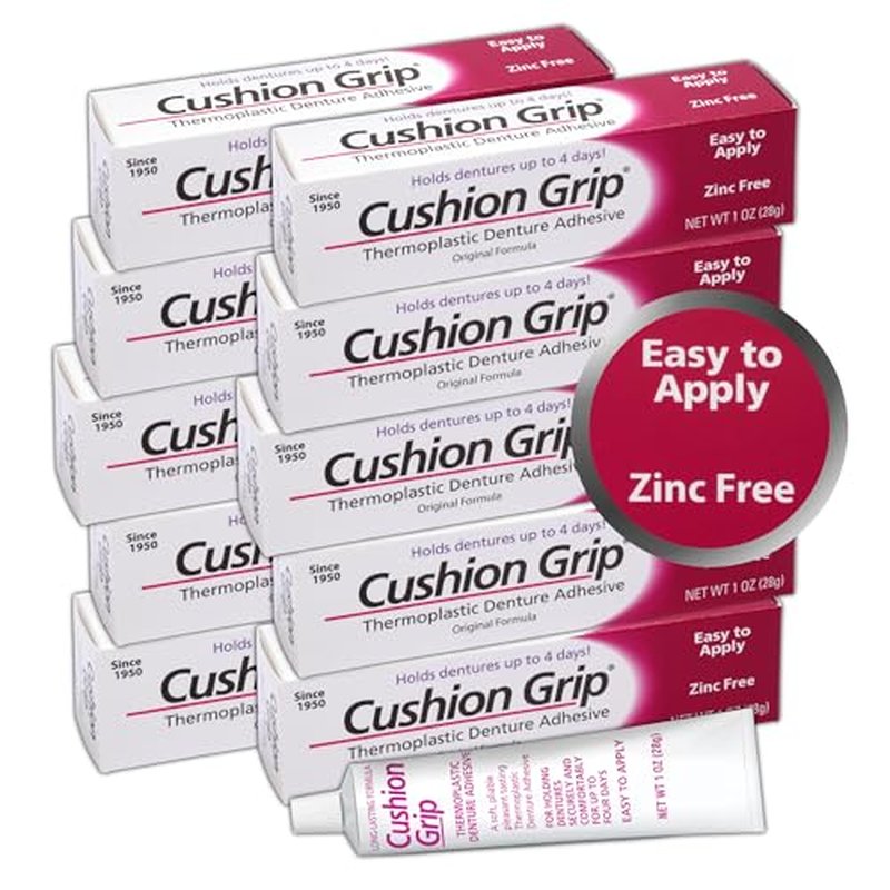 Cushion Grip Thermoplastic Denture Adhesive 1oz (10 Pack)?Extra Strong Hold Up to 4 Days, Unmatched Strength, Waterproof & Zinc Free, Relieves Sore Gums, Comfortable Refit, Long Lasting Denture Refit