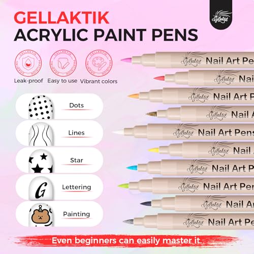 6 Colors Nail Art Pens Set, 3D Nail Polish Pens Quick-Drying Acrylic Paint Markers, Dotting Liner Brush for DIY Nail Design, Home & Salon Manicure Tools