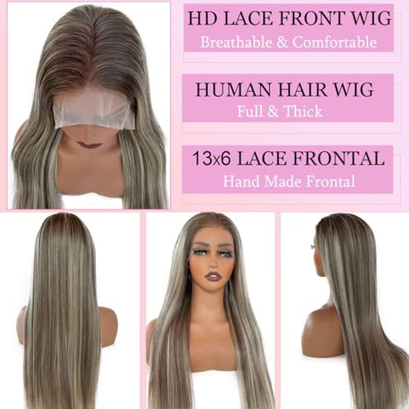 13x6 HD Lace Front Wig Human Hair Balayage Highlight 180% Density 20 Inch Free Part Ombre Brown to Ash Brown Human Hair with 613 Blonde Highlights Wig Pre Plucked
