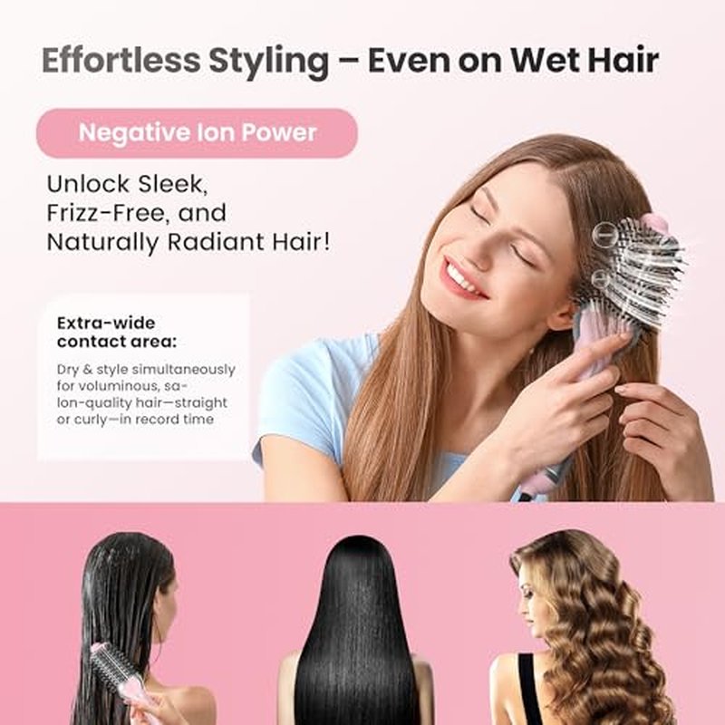 PRITECH 1000W Dual Voltage Ceramic Ionic Hair Dryer Brush,4-in-1 Hot Air Styler & One Step Volumizer for Straight & Curly Hair Salon (110-120V/220-240V),Blush Silver