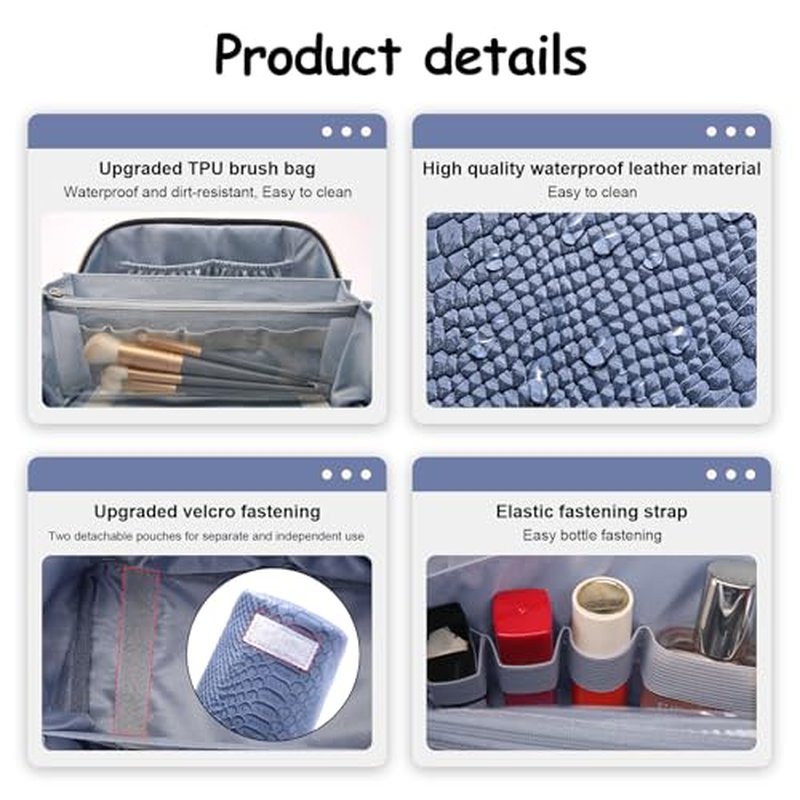 BOYATU Travel Makeup Bags for Women: 3 Pcs Set Wide Open Cosmetic Bag - Portable Make up Bags with Handle - Vegan Leather Toiletry Organizer Bag with Divider (G-05-Blue)