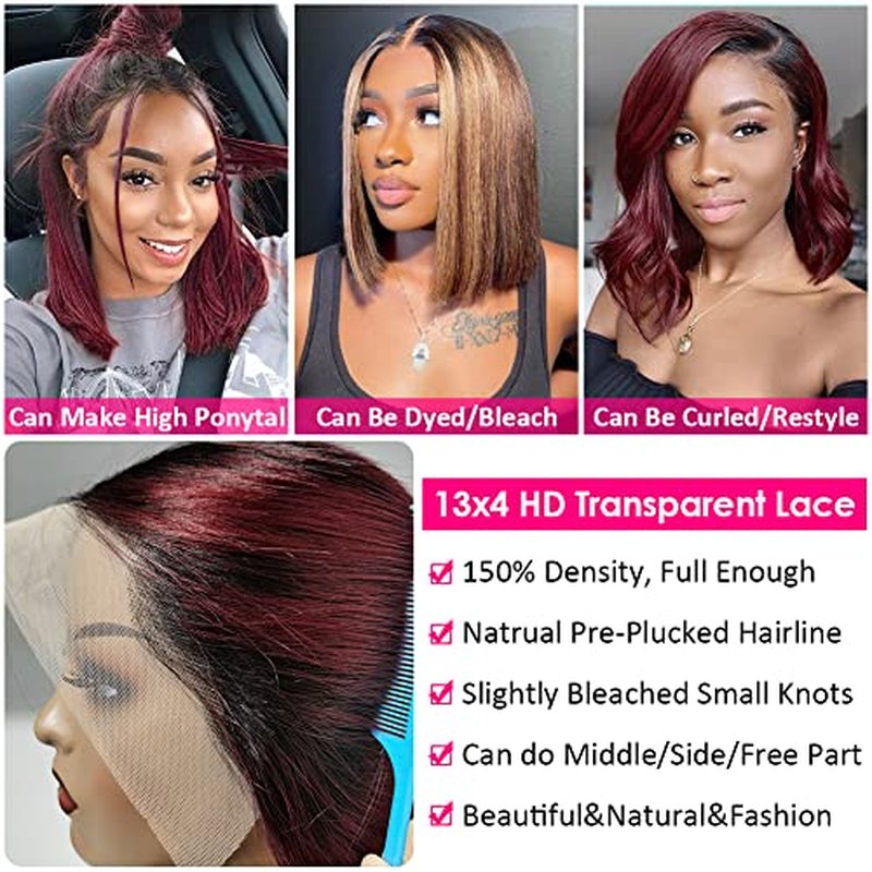 Flady 1B 99j Bob Wig Human Hair 13x4 HD Frontal Lace Wig 150% Density 1B Burgundy Lace Front Wigs Human Hair Pre Plucked Red Frontal Bob wig Short Straight Bob Wigs for Black Women 14 inch