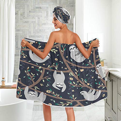 Women's Spa Towel Wrap Set of 3, Cute Sloths Bathrobe Shower Bath Body Wrap with Adjustable Closure