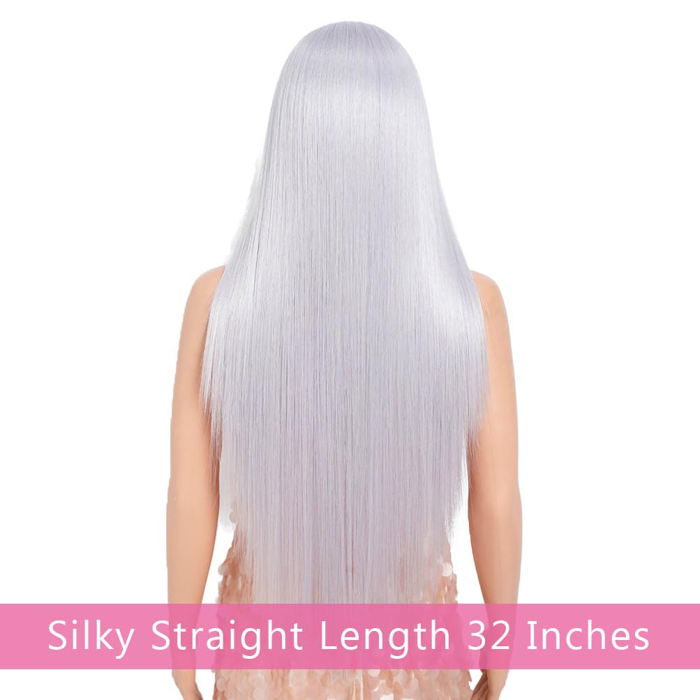 Style Icon 32-Inch Long Straight Wig Mid-Part Lace Front Silky Smooth Synthetic Silver White Purple Color Wig