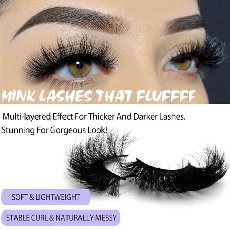 Mink Lashes Fluffy Wispy 20mm 3D Volume Full Dramatic Faux Mink D Curl Long Strip Lashes Pack 25 mm Big Cat Eye False Eyelashes