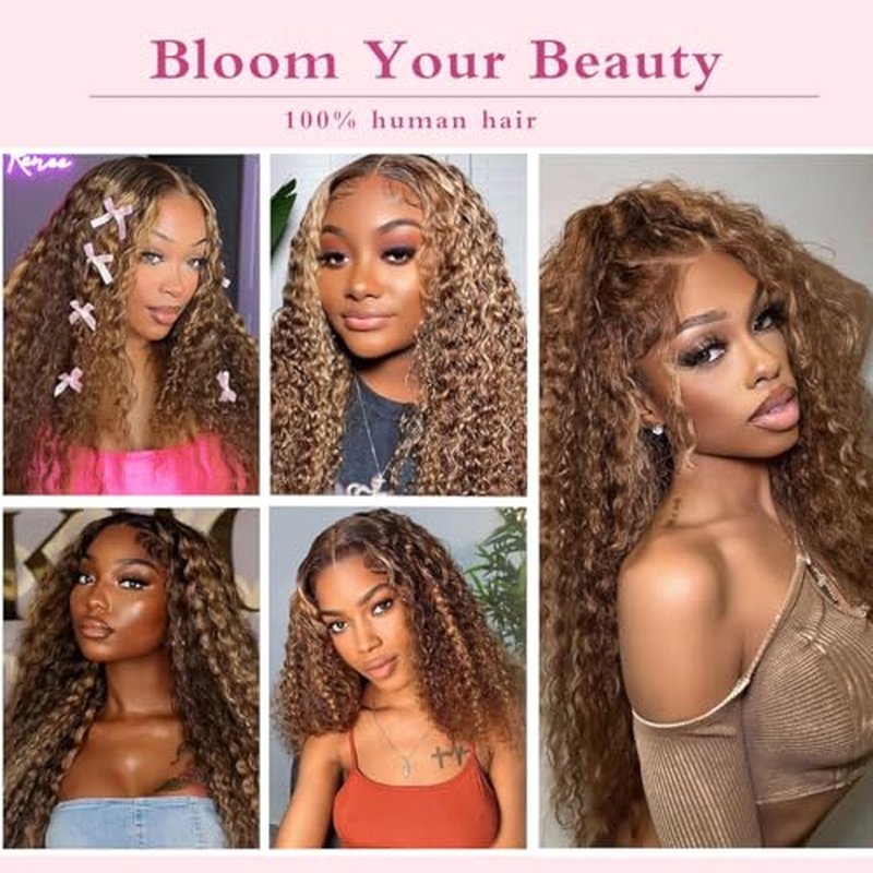 18 inch Highlight Deep Wave Wig Human Hair, Ombre Lace Front Wig Human Hair, Honey Blonde Highlight Wig Human Hair, Wet and Wavy Lace Front Wigs Human Hair Pre Plucked 180% Density