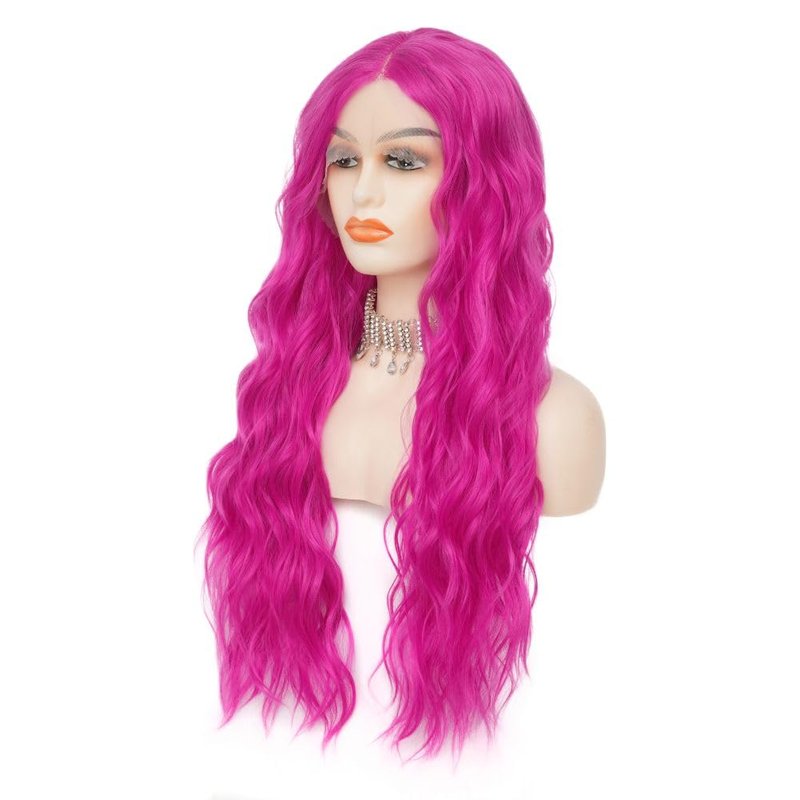 Siudus Hot Pink Long Lace Front Wigs for Women Curly Wavy Cosplay Wig Middle Part Synthetic Fibre Halloween Costume Party Wig