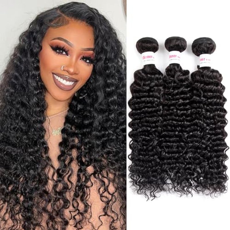12A Deep Wave Human Hair Bundles 18-22Inch Curly Bundles 100% Unprocessed Brazilian Virgin Human Hair, 300g, Black, Sew-In, Deep Wave, Curly, Wavy