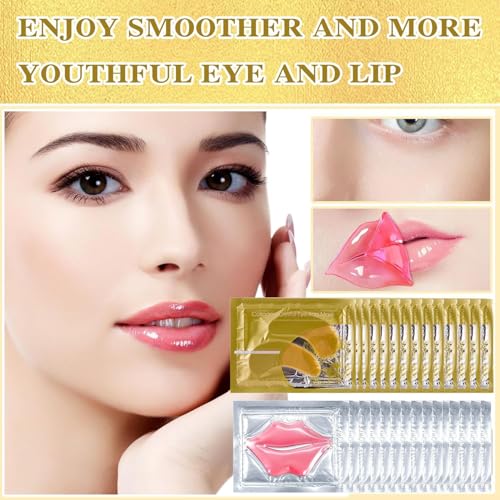 Eye Mask And Lip Mask Set, 15 Pair Gold Eye Mask And 15 Pcs Pink Lip Mask for Moisturizing, Under Eye Patches and Lip Pads,Collagen Crystal Lip Mask Set for Moisturizing