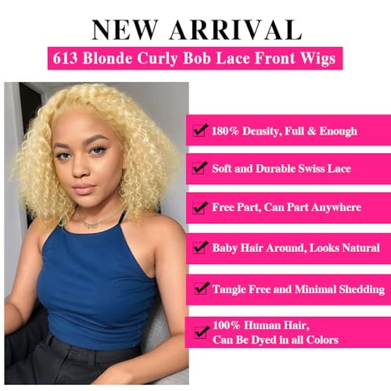 Blonde Bob Wig Human Hair 613 13x6 Lace Front Wig Human Hair Short Curly Bob Wigs for Black Woman Glueless Wigs Human Hair 613 Frontal Wigs Pre Plucked With Baby Hair180% Density (14 Inch)