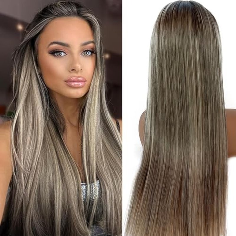 13x6 HD Lace Front Wig Human Hair Balayage Highlight 180% Density 20 Inch Free Part Ombre Brown to Ash Brown Human Hair with 613 Blonde Highlights Wig Pre Plucked