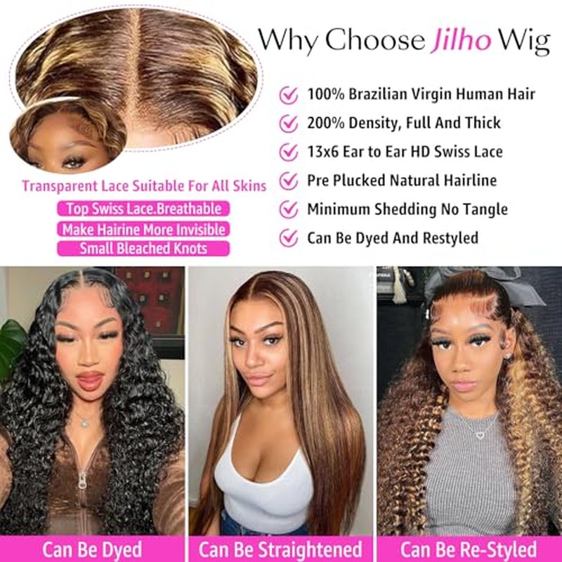 Water Wave Lace Front Wigs Human Hair 13x6 Ombre Honey Blonde Frontal Wig 200 Density P4/27 Highlight Curly Wig Glueless Wet and Wavy Lace Front Wigs Pre Plucked with Baby Hair (24 Inch)