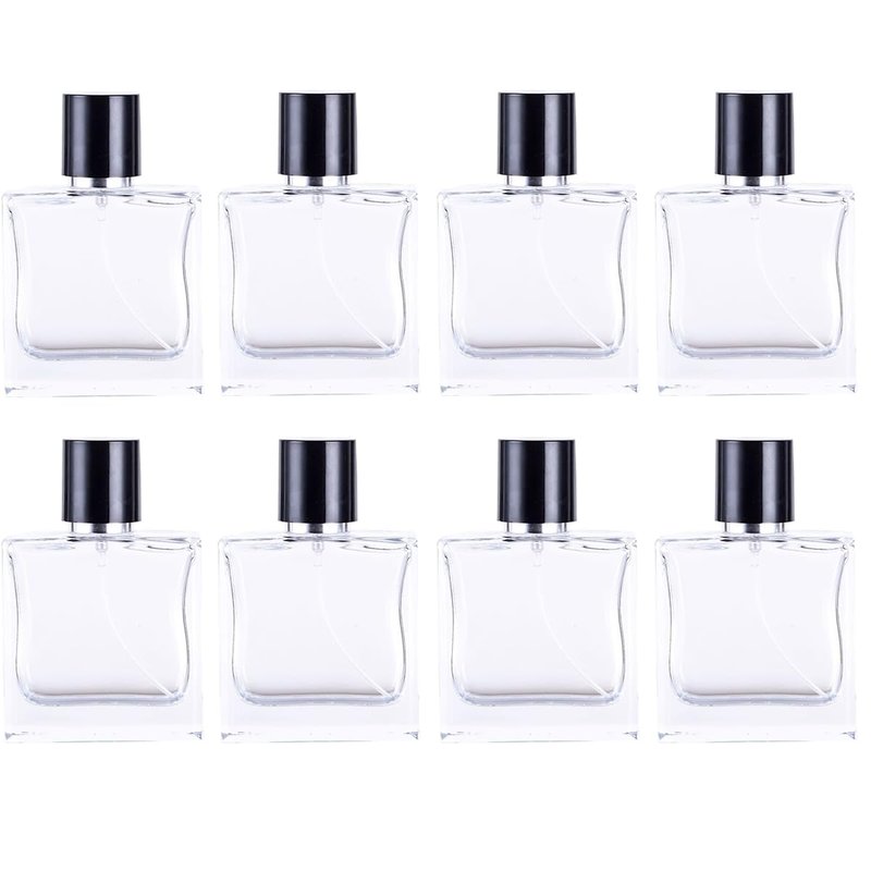 Rixoxo Empty Perfume Bottle Refillable 8PCS 50ml Glass Square Flat Clear Travel Spray Atomizer Container Perfume Fine Mist Spray Pump Bottles Dispenser for Essential Oil Liquid (Flat Square -8PCS)