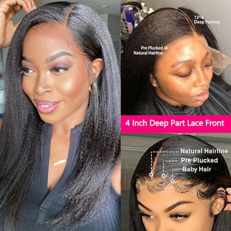 GOLFMAX 22 Inch Yaki Straight Lace Front Wigs Human Hair Wigs 13x4 Transparent Lace Front Human Hair Wig Pre Plucked Kinky Straight Human Hair Lace Frontal Wigs