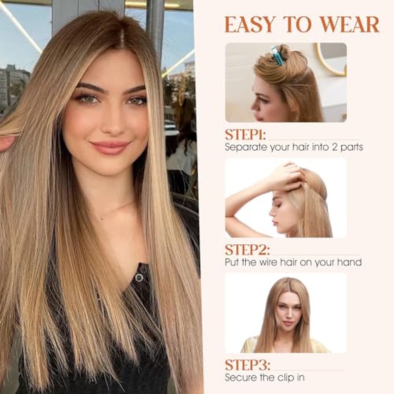 S-noilite Halo Hair Extensions Real Human Hair,Invisible Wire Hair Extensions with Adjustable Fish Line 2 Clips Halo Extensions for Women 18Inch 80G(Medium Brown/Dark Blonde)